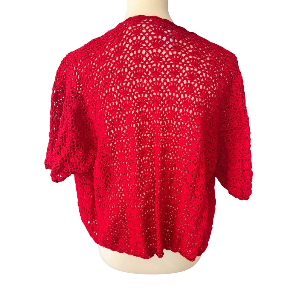R&K Original Woman Vintage 80s Red Crochet Sequin Cropped Cardigan Plus Size 14W - Picture 5 of 10